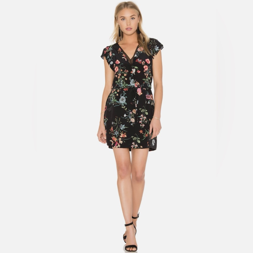 Rebecca Taylor Silk Floral Mini Dress Size 4 Black Boho Drawstring Waist